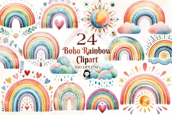 Download Watercolor Boho Rainbow Clipart Bundle - Watercolor boho Collection