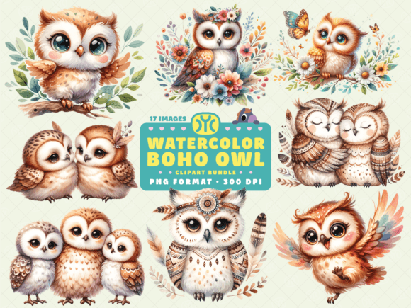 Download Watercolor Boho Owl Clipart - Premium Bundle