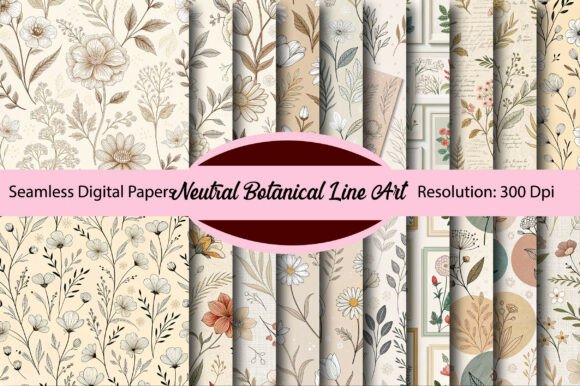 Download Neutral Botanical Line Art Digital Paper - Botanical Collection